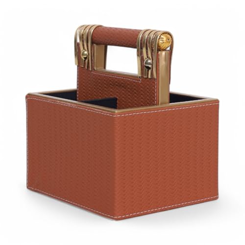Image of HOME 360 Woven Pattern Leather Spoon Stand | Cutlery Stand with 4 Divider 18X16X13 CM | Use for Dining table| Organize Spoons | Forks | Cutlery | Home Decor | Spoons Holder | Cutlery Holder | Tan