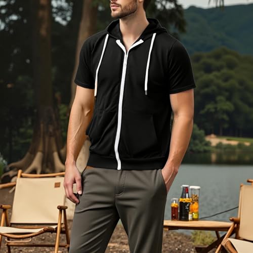 Mens Summer Casual Zip up Hoodie Shirts Short Sleeve Thin Jacket Full Zip Sweatshirt with Kangaroo Pocket4