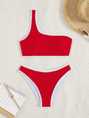 Image of YIMISAN Women's Ribbed Bikini Sets One Shoulder Top with Mid Waist Two Piece Bathing Suit