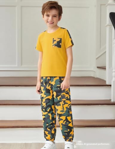 Image of mksodopy Boys Clothes Outfits Set, Camo Cargo Pants and Short Sleeve Pocket Tee 2PC Summer Tracksuit for Kids 5-16Y