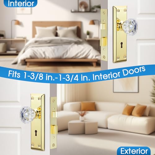 MaxxGeek Antique Mortise Keyed Lock Set with Glasses Knobs. Replacing Vintage Door Knob Sets with Skeleton Keys, Fits 1-3/8"-1-3/4" Interior Doors, Backset 2-3/8", Gold/Polished Brass, 1 Pack by MaxxGeek - Image 5