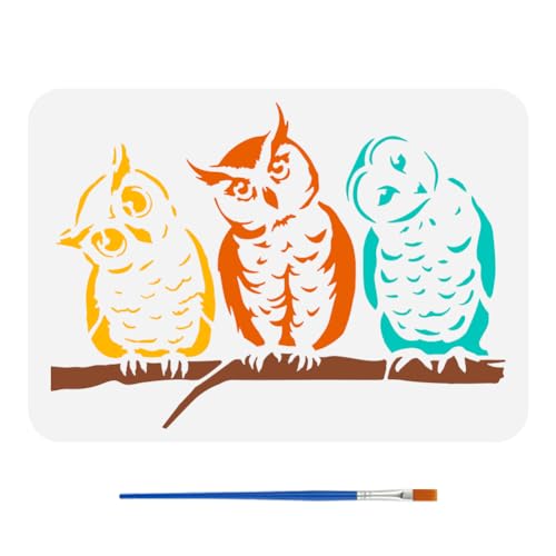FINGERINSPIRE Owl Patterns Painting Stencil 8.3x11.7inch 3 Owls with Heads Titlted Template with Brush Owls Standing on A Tree Branch Stencil Owl Birds Stencil Animal Theme Template for DIY Crafts