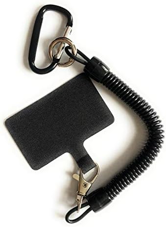 Elastic Black Mobile Phone Lanyard, Black Spring Lanyard With Carabiner, Universal, Theft Proof Anti-Lost Elastic Tether With Patch, Stretchy, Cellphone And Keychain Elastic Lasso
