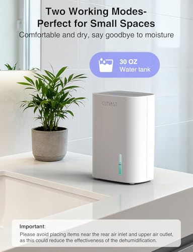 Image of CLEVAST Small Dehumidifier for Home, 30oz Compact Mini Dehumidifier with Auto Shut-Off, Quiet 24dB Portable Air Dehumidifier for Bathroom, Bedroom, Closet, Camper