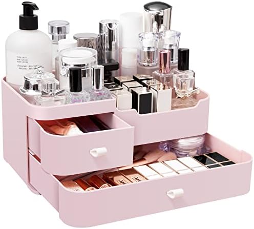 Makeup Organiser Cosmetic Storage Box: Make Up Organizer with Drawers Dressing Table Skincare Holder - Vanity Desk Large Plastic Cosmetics Tidy Stand for Beauty Products Perfume Jewellery Brush | Pink