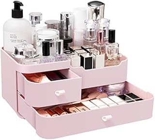 Makeup Organiser Cosmetic Storage Box: Make Up Organizer with Drawers Dressing Table Skincare Holder - Vanity Desk Large Plastic Cosmetics Tidy Stand for Beauty Products Perfume Jewellery Brush | Pink