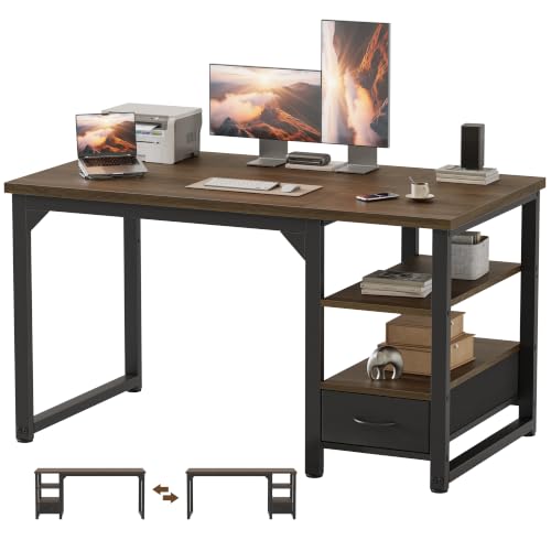 Image of Mericonia 48 in Computer Desk with Drawer, 1 inch Thick Reversible Office Desk | Modern Writing Table with Storage Shelves, Heavy Duty Industrial Study Desk for Home Bedroom Work