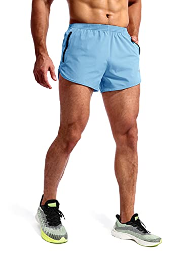 Pudolla Men’s Running Shorts 3 Inch Quick Dry Gym Athletic Workout Shorts For Men With Zipper Pockets(Light Blue Medium) #TOP1