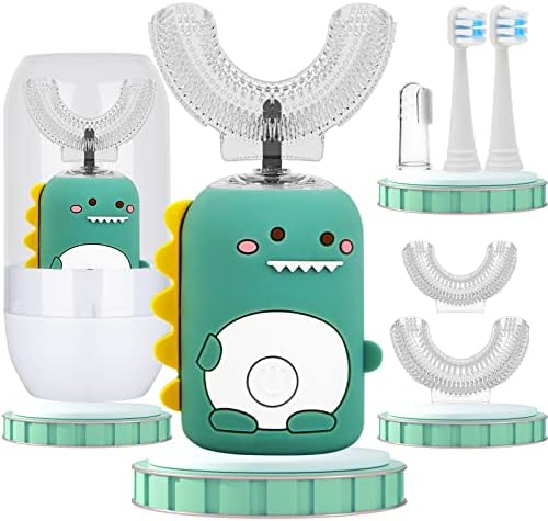 Kids Electric Toothbrushes,U Shaped Toothbrush Kids w/ 5 Brush Heads and Cup, IPX7 Waterproof 360 Toothbrush Kids 60s Smart Reminder, 3 Clean Modes, Ultrasonic Toddler Toothbrush Age 2-12(Green)
