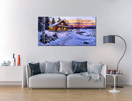 Arthome520 Blue Winter Rustic Wall Art Home Decor Canvas Printed Oil Painting Cabin Picture Living Dining Room Decorations Fashion Framed (20''X40'') #TOP4