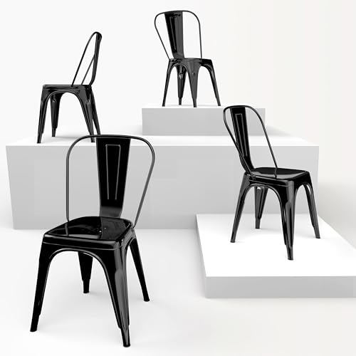 Image of Metal Dining Chairs with Backrest, Stackable, Black, 4 Pack | Easy Assembly, Non-Slip Feet, 330 lb Capacity, Kitchen, Restaurant, Cafe, Pub, Covered Patio
