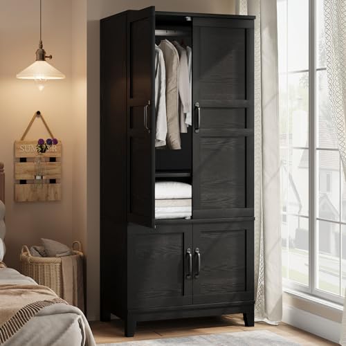 GarveeHome Armoire Wardrobe Closet with 4 Doors, 72 in Wooden Wardrobe Cabinet with Hanging Rod, Freestanding Tall Clothing Armoire Storage Cabinet with Adjustable Shelves for Bedroom, Black