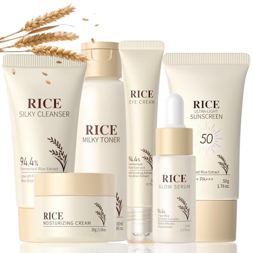 6 Stück Reis Korean Skincare Set, Reis Gesichtspflege Set Damen mit Cleanser, Toner, Serum, Gesichtscreme, Augencreme & Sonnencreme, Feuchtigkeitsspendendes & Anti Aging Geschenkset für Frauen