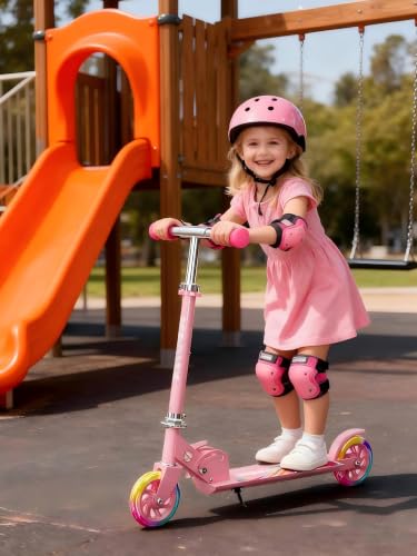 Image of 3+ Kids LED Foldable Pink Scooter, Adjustable Kick Scooter Boys Girls Birthday Gift