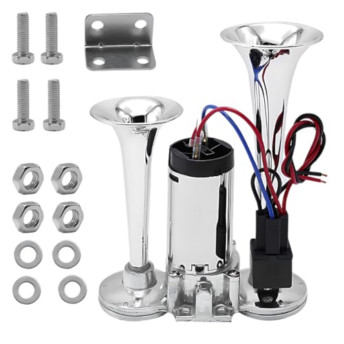 Tuxihapp 12V 130dB Dual Trumpet Air Horn Kit with Compressor - Loud Dual Electric Train Horn for Cars Boats Trucks SUV - High/Low Tube Air Horns Speaker Kit Car Accessories (Sliver)