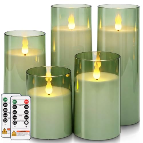 Image of Homemory Sage Green Flameless Candles, Acrylic LED Pillar Candles with Remote Timer, Set of 5