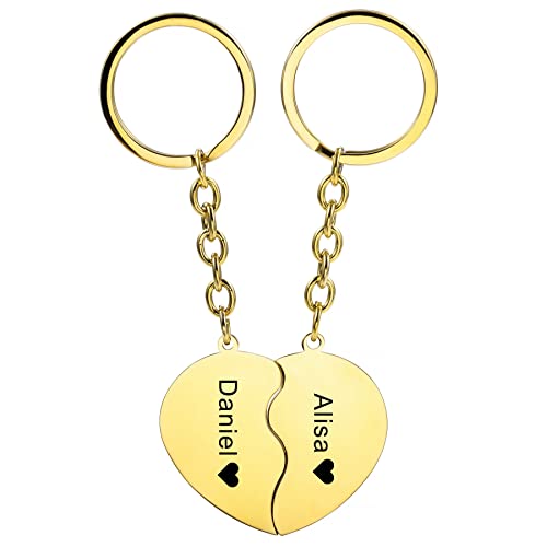 MeMeDIY Personalized Couple Keychain Set Custom Engraving Name/Date for Women Men Boyfriend Girlfriend Stainless Steel Matching Heart Puzzle Charm Keyring Lover Gift(Gold)