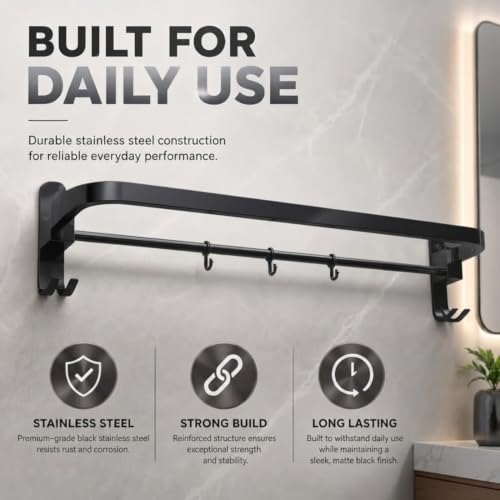 Image of Well Set Stainless Steel Foldable Towel Rack for Bathroom | Wall Mounted Towel Holder with Shelf | Durable Rust-Free Space Saving Bathroom Accessory (Black, Small)