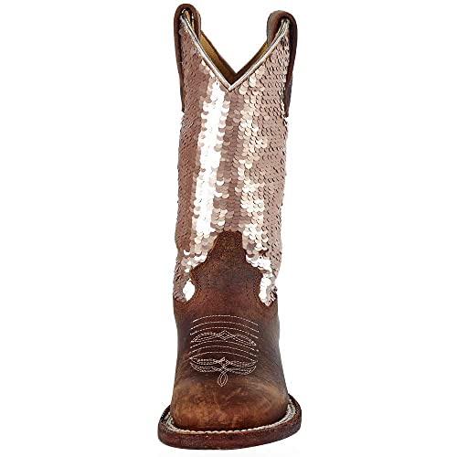Macie Bean Girls' Sequin Distressed Bison Leather Western Boot Square Toe - Mk91532