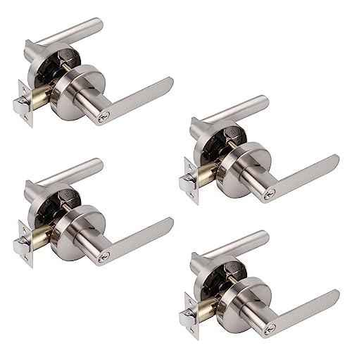 Knobonly Keyed Alike Entry Door Handles, Exterior Door Handles With Lock And Keys, Front Door Locksets With Same Keys, Brushed Nickel Entrance Door Locksets, Heavy Duty Security Locks, 4 Pack #TOP19