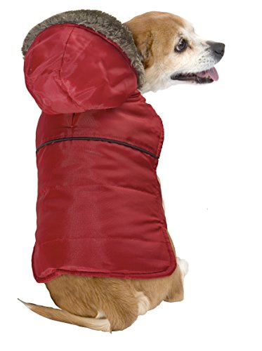 Abrigo para perro de Pistachio Pet, elegante, de doble capa, forro polar acolchado con capucha de piel sintética.