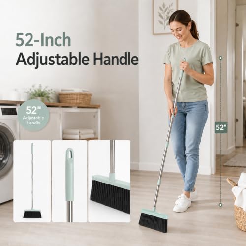 Image of Broom and Dustpan Set, 52-Inch Long Handle, Comb Teeth, Green | Comb teeth help sweep pet hair, dust and crumbs on hard floors