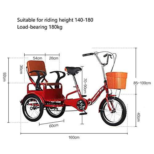 Triciclo plegable para adultos de 16 pulgadas, bicicleta de tres ruedas con cesta grande y asiento trasero para recreo, compras y ejercicio, color rojo miniatura 2