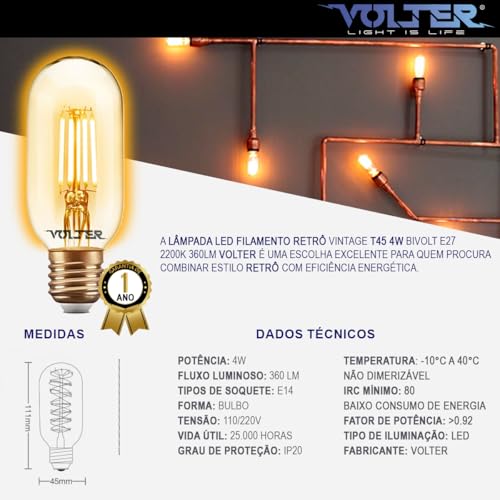 Lâmpada Filamento Led T45 Estilo Retro Volter 4w E27