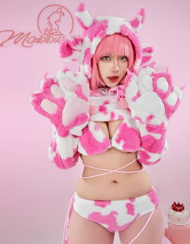 Women's Anime Cute Pajamas Set Cow Print Cosplay Lingerie Furry Paw Set Fuzzy Hoodie Top and Bra Panty Outfit4