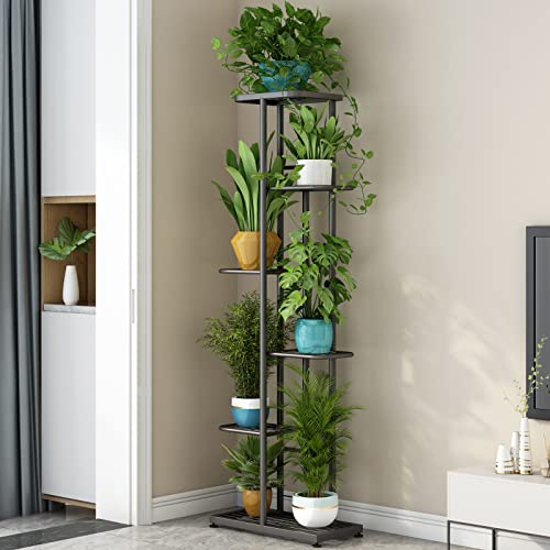 Image of LINZINAR Plant Stand Indoor Outdoor Metal 6 Tier 7 Potted Multiple Flower Pot Holder Shelf Planter Display Shelving Unit for Patio Garden Corner Balcony Living Room (6 Tier 7 Potted, Dark Grey)