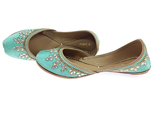 Image of Fulkari Women's Dolli Gold Genuine Soft Leather Embroidered Jutis | Bite and Pinch Free Jutti | Punjabi Formal Juttis | Girl's Wedding Flat Ladies Mojari | Formal Ethnic Juti |