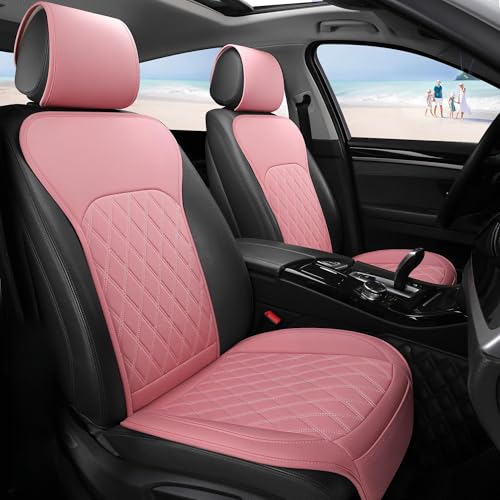 Image of Universal Front Leather Car Seat Covers Pink 2 Pcs Luxury Seat Covers, Anti-Slip Waterproof Auto Driver Cushions Fit SUV Pickup Van Sedan, Chevy Silverado GMC Sierra Dodge Ram Tacoma Ford