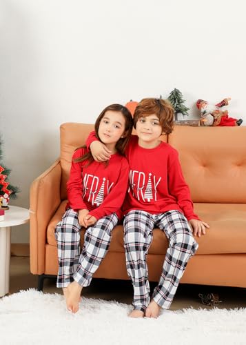 VNVNE Pijama de Natal para a família, conjunto combinando, blusa vermelha e calça xadrez para mulher