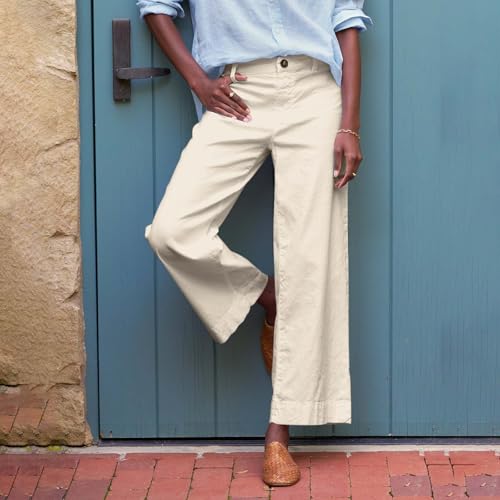 Cropped Linen Pants Women High Waisted Wide Leg Capri Work Pants Business Casual Ankle Pants with Pockets4