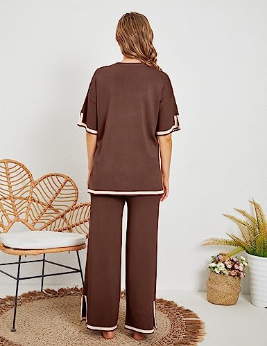 Image of Tanming Sweater Sets Women 2 Piece Lounge Sets Short Sleeve Knit Pullover Tops Wide Leg Pants