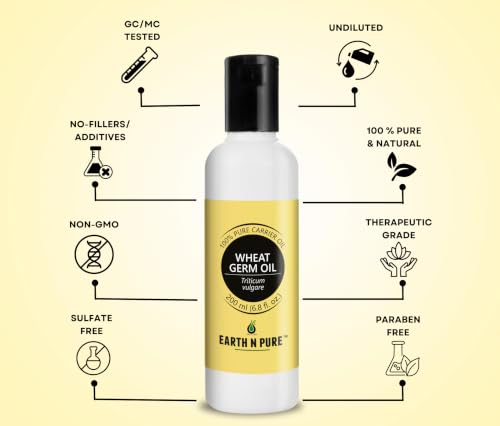 Image of Earth N Pure Wheat Germ Oil 100% Pure & Natural Rich in Vitamin E for Skin Care, Hair Growth & Face - Cold Pressed Wheatgerm Oil for Massage, DIY & Aromatherapy- 200ml