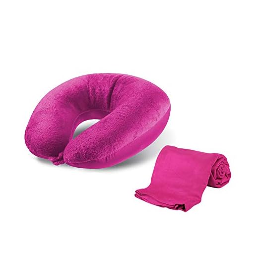 Cloudz Microbead Travel Neck Pillow & Compact Blanket Travel Set - Bright Pink