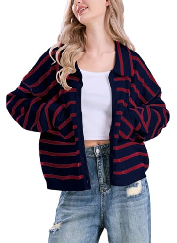 Image of chouyatou Women's Button Down Striped Cardigan Sweater Polo Collar Open Front Knit Jacket 2024 Fall Outfits