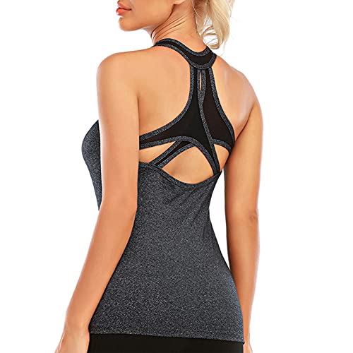 Image of Women's Padded Sports Bra Removable Strappy Longline Yoga Tank Top Workout Crop Criss Cross Back Fitness Top, Light Grey No Bra, X-Large
