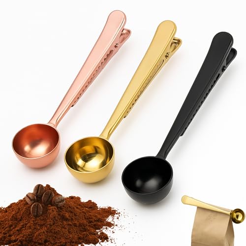 Set of 3 Stainless Steel Coffee Scoops | Gold | Black | Copper | Handle Serves as a Tight Grip for Sealing Coffee Grounds Bags | Stylish and Modern | 1 Tablespoon Size