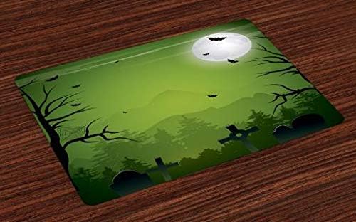 Lunarable Halloween Place Mats Set of 4, Tombstones Cemetery Full Moon and Bats on Green Toned Backdrop, Washable Fabric Placemats for Dining Room Kitchen Table Decor, Lime Green Charcoal Grey Grey