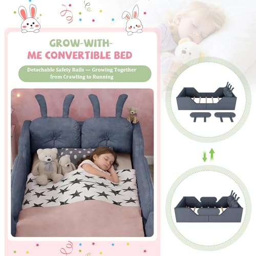 Image of Twin Size Kids Floor Bed Frame, Upholstered Montessori Platform Bed W /Removable Rails Cute Daybed Frame for Girls Boys, No Box Spring Required,Grey