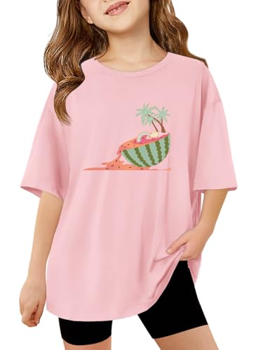 Image of Haloumoning Girls Short Sleeve T-Shirts | Kids, Summer,girls shirts,versized t shirts,Girls T-Shirts,Oversized Tops, Casual Crewneck, Basic Tees 5-14Y