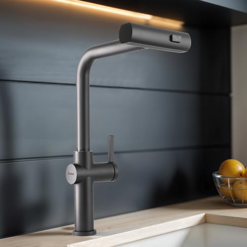 Image of Ruhe Arrow Triple Flow Pull-out Kitchen Mixer Faucet - Matte Black | Sprayer Faucet | Single Lever Tap | 360 Swivel | Hot & Cold Water | Table Mounted Kitchen Sink Tap