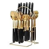 24-Piece Cutlery Set with Storage Stand | 410 Stainless Steel & Ceramic Handle for Family Dinners/Parties/Hotels Tableware Set for Home & Restaurant Use (Gold+Black)