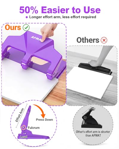 Image of AFMAT 3 Hole Punch Heavy Duty, 40-Sheet Three Hole Punch, 50% Reduced Effort, 3 Hole Puncher for Binder w /Large Chip Tray, 9 /32 inch Holes Diameter, Metal Paper Puncher for Home /Office /School,HP14(Purple)