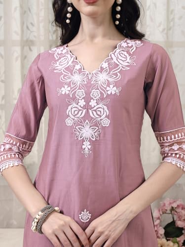 Image of NIVANA Womens Pakistani Style Embroidered Kurta with Pant & Embroidered Dupatta | Chanderi Straight Kurta Set with V-Neck & 3 /4 Sleeves | Ethnic Wear for Festive & Casual Occasions
