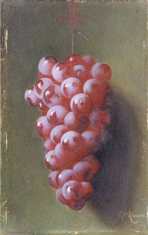Peinture à l'huile Still Life with Grapes par C.P. Ream, tableau nature morte 12x16 pouces