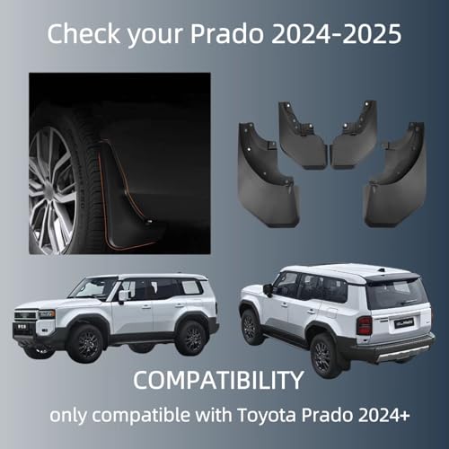Image of Mud Flaps for 2024 2025 Toyota Prado, 4PCS Black Front & Rear Mud Guards, No Drill Holes, Wheel Lip Molding, Vehicle Specific Fit, Screw-In Installation