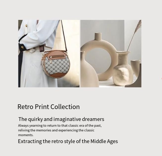 Round Crossbody Handbag, Canvas Pattern Print with Brown Leather Trim, Shoulder Strap, Small Circle Purse，Kanmi style4